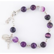 8mm Genuine Striped Purple Agate Beads Rhodium Plated Findings W/ Sterling Silver Crucifix and Miraculous - Boxed