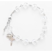 10mm Round Crystal Frosted Rosary Bracelet with a Sterling Silver Crucifx, Miraculous Medal with Rhodium Plated Brass Findings - Boxed 10mm Round Crystal Frosted Rosary Bracelet with a Sterling Silver Crucifx, Miraculous Medal with Rhodium Plated Brass Findings - Boxed