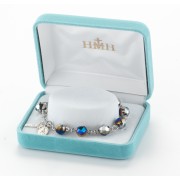 8mm Metallic Silver/Blue Tin Cut Crystal Bracelet w/Sterling Silver Miraculous Medal & Crucifix - Boxed