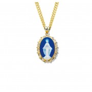 Gold Over Sterling Genuine Cameo Miraculous Blue Fancy Edge Oval 24" Chain - Boxed - Necklace