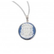 Genuine Cameo 1-1/16" Round Blue Head of Christ with Sterling Silver Rim on a 20" Chain - Boxed - Necklace