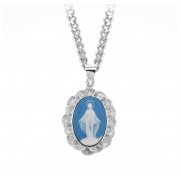 1-1/8" Light Blue Cameo Miraculous Medal w/ Sterling Weaved Filigree Frame, 18" Chain - Boxed - Necklace 1-1/8" Light Blue Cameo Miraculous Medal w/ Sterling Weaved Filigree Frame, 18" Chain - Boxed - Necklace