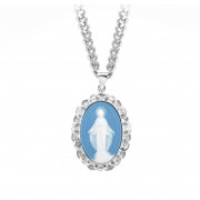 1-3/4" Light Blue Cameo Miraculous Medal w/ Sterling Weaved Filigree Frame on the 24" Chain - Boxed - Necklace 1-3/4" Light Blue Cameo Miraculous Medal w/ Sterling Weaved Filigree Frame on the 24" Chain - Boxed - Necklace