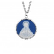 Genuine Cameo 15/16" Round Blue Immaculate Heart of Mary with a Sterling Silver Rim on an 18" Chain - Boxed - Necklace