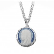 Genuine Cameo 13/16" Round Blue Madonna Profile Bust with a Sterling Silver Rim on an 18" Chain - Boxed - Necklace