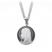 Genuine Cameo 13/16" Round Black Madonna Profile Bust with a Sterling Silver Rim on an 18" Chain - Boxed - Necklace