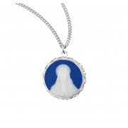 Genuine Cameo 15/16" Round Blue Our Lady of Lourdes with a Sterling Silver Rim on an 18" Chain - Boxed - Necklace
