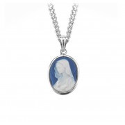 Genuine Cameo 7/8" Blue Oval Madonna with a Sterling Silver Rim on an 18" Chain - Boxed - Necklace