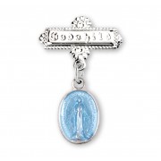 Blue Enameled Oval Sterling Silver Baby Miraculous Baby Medal on a Godchild Bar Pin