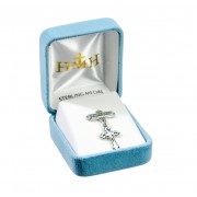 Sterling Silver Rosebud White Enameled Baby Cross on a Godchild Bar Pin