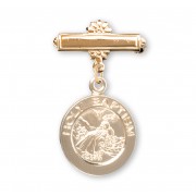 16kt Gold Plated Bar Pin W/ 16kt Gold Over Sterling Sm Round Holy Baptism Medal - Boxed
