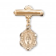 16kt Gold Plated Bar Pin W/ 16kt Gold Over Sterling Fancy Edge Miraculous Medal - Boxed