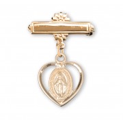 16kt Gold Plated Bar Pin W/ 16kt Gold Over Sterling Heart Miraculous Medal - Boxed