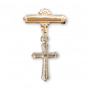 16kt Gold Plated Bar Pin W/ 16kt Gold Over Sterling Sm Detailed Cross - Boxed