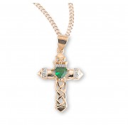 Gold Over Sterling Cut-Out Cross w/Green Glass Gem Ctr & CZ - 18" Chain - Boxed - Necklace