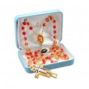 Gold and Red Crackle 6mm Crackle Bead Gold Plated Pewter Rosary w/Ctr & Crucfix - Boxed