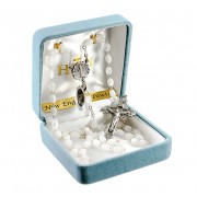 5x7 Oval White Imitation Mother Of Pearl Pewter Rosary W/ Pewter Ctr & Crucfix - Boxed