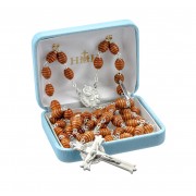 7mm x 9mm Brown Beehive Boxwood Bead New England pewter rosary with center and crucifix - Boxed