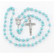 7mm Round Aqua Lava Bead New England pewter rosary with center and cruxifix - Boxed