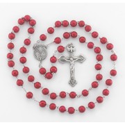 7mm round red lava bead New England pewter rosary with center and crucifix - Boxed