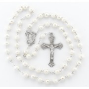 7mm Round white lava bead New England pewter rosary with center and crucifix - Boxed