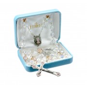 8mm Crystal Round Cut Rosary w/ White & Pink O.F. Beads & Genuine New England Pewter Ctr & Crucfix - Boxed