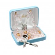 8mm Multi-Color Crystal Round Cut Rosary w/ Pink & Gold O.F. Beads & Genuine New England Pewter Ctr & Crucfix - Boxed
