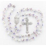8mm White/Lavender glass flower bead New England pewter rosary with center and crucifix - Boxed