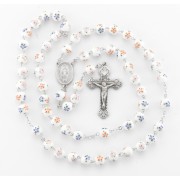 8mm White/Orange glass flower bead New England pewter rosary with center and crucifix - Boxed