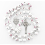 10mm White/Pink glass flower bead New England pewter rosary with center and crucifx - Boxed