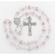 8mm White/Pink glass flower bead New England pewter rosary with center and crucifix - Boxed
