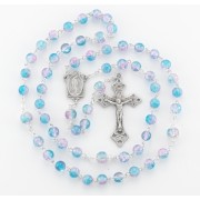 7mm Aqua/Pink crackle glass bead New England pewter rosary with center and crucifix - Boxed