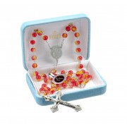 6mm Gold/Red crackle bead New England pewter rosary center and crucifix - Boxed