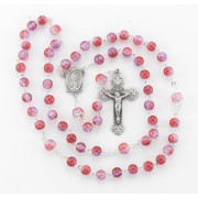 7mm Ruby/Amethyst crackle glass bead New England pewter rosary with center and crucifix - Boxed
