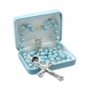 8mm Aqua/Pink lava glass bead New England pewter rosary with center and crucifix - Boxed