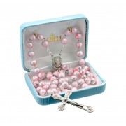 8mm Pink lava glass bead New England pewter rosary with center and crucifix - Boxed