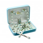 8mm Silver/Aqua lava glass bead pewter rosary with Ctr/Crucfix - Boxed