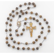 8mm Round tiger eye bead New England pewter rosary with center and crucifix - Boxed