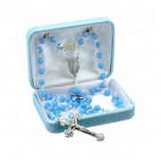 6mm Blue Opal Faceted Czech Beaded Rosary w/Genuine Pewter Crucifix and Center-20" - Boxed