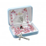 6mm Pink Opal Faceted Czech Beaded Rosary w/Genuine Pewter Crucifix and Center-20" - Boxed