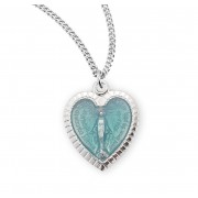 Sterling Silver Blue Enameled Heart Shaped Miraculous Medal - 18" Chain - Boxed - Necklace