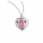 Sterling Silver Pink Enameled w/Flowers Heart-Shaped Miraculous -13" Chain - Boxed
