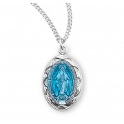 Sterling Silver Blue Enamel Oval Miraculous Scalloped Edge 18" Chain - Boxed - Necklace