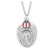 Sterling Silver Army Shield Miraculous w/Red, White & Blue 24" Chain - Boxed - Necklace