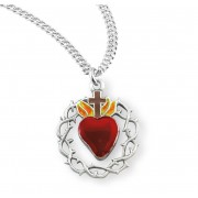 Sterling Silver Crown of Thorns w/Red Heart 20" Chain - Boxed - Necklace