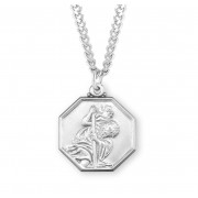Sterling Silver 26mm Octagon Shaped St Christopher Medal- w/24" Chain - Boxed - Necklace