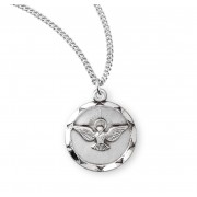 Round Sterling Silver Holy Spirit Medal with Scalloped Edges on an 18" Chain - Boxed - Necklace