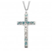 Large 2 1/8" x 1 1/16" Sterling High Polished Rhodium Plated Crucifix w/ Blue Enamel-24" Chain - Boxed - Necklace