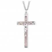 Large 2 1/8" x 1 1/16" Sterling High Polished Rhodium Plated Crucifix w/ Pink Enamel-24" Chain - Boxed