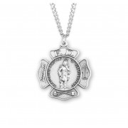 St. Florian Fire Fighters Cross-Badge Shaped 1-5/8" Sterling Silver Medal w/24" Chain - Boxed - Necklace